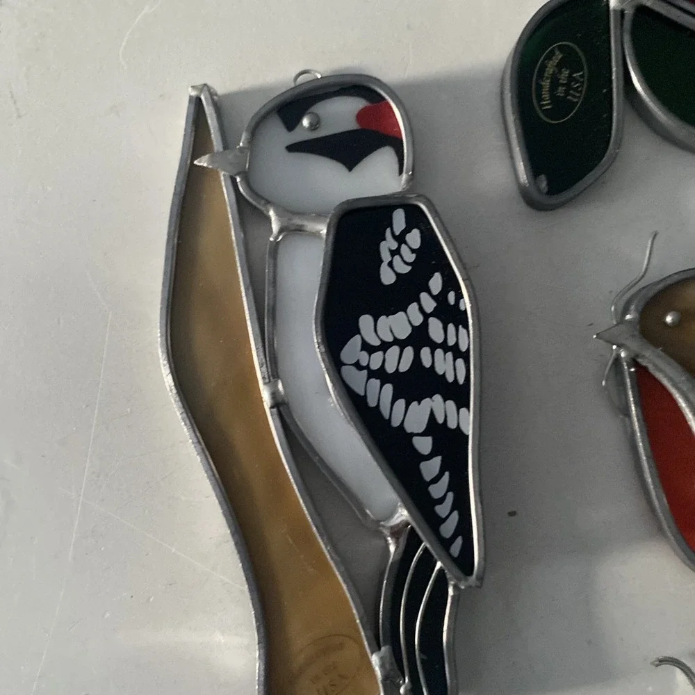 Lot of 3 Stained Glass Handcrafted Birds Cardinal Woodpecker Robin Suncatchers